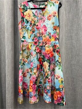 New York & Company Floral Midi Dress in Light Blue with Multicolor Blooms